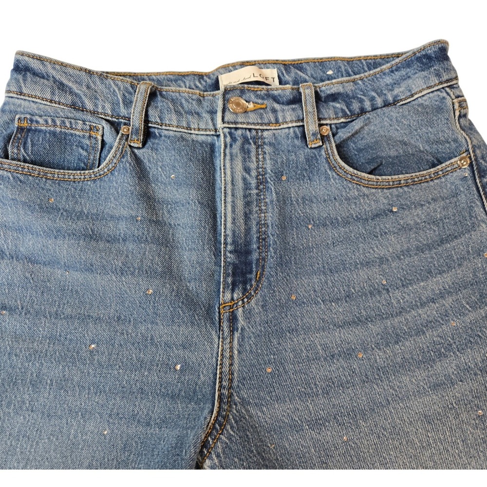 LOFT The Straight Rhinestone Embellished Jeans Blue Wash Raw Hem 28/6 Womens